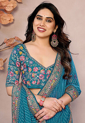 Leheriya Printed Georgette Saree in Teal Blue