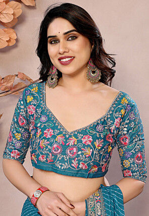 Leheriya Printed Georgette Saree in Teal Blue