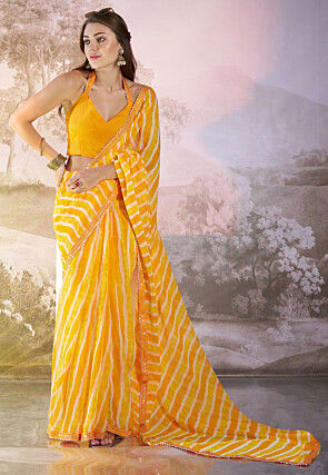 Leheriya Printed Georgette Saree in Yellow