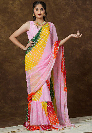 Leheriya Printed Georgette Saree Style Gown in Multicolor