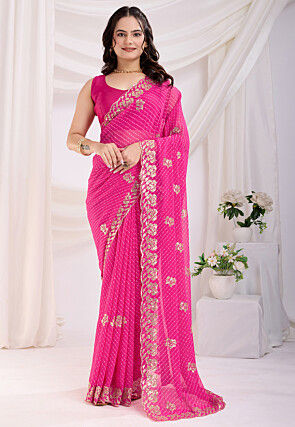 Leheriya Printed Georgette Scalloped Saree in Fuchsia