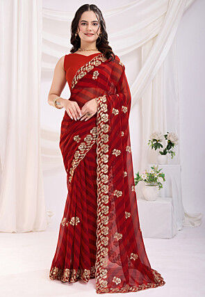 Leheriya Printed Georgette Scalloped Saree in Maroon