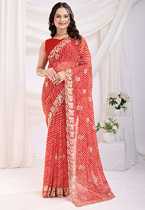Leheriya Printed Georgette Scalloped Saree in Red