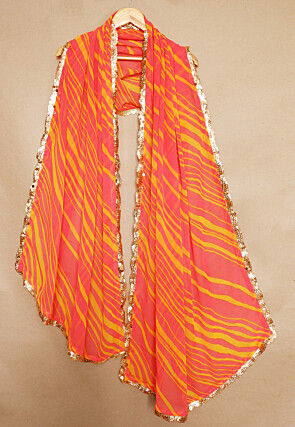 Leheriya Printed Georgette Scalloped Stole in Coral Red and Yellow
