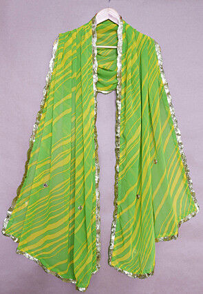 Leheriya Printed Georgette Scalloped Stole in Green