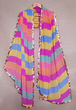 Leheriya Printed Georgette Scalloped Stole in Multicolor