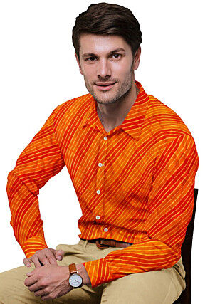 Leheriya Printed Georgette Shirt in Shaded Orange