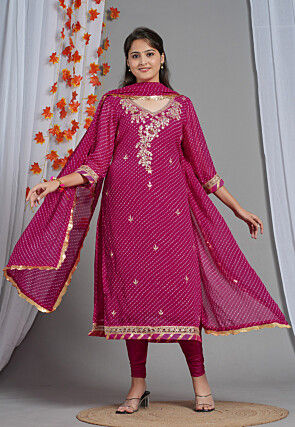 Leheriya Printed Georgette Straight Cut Suit in Fuchsia