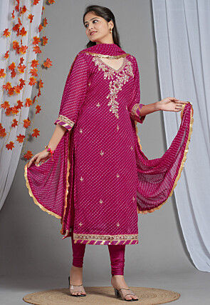 Leheriya Printed Georgette Straight Cut Suit in Fuchsia