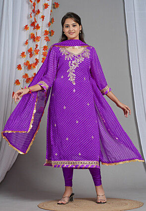 Leheriya Printed Georgette Straight Cut Suit in Purple