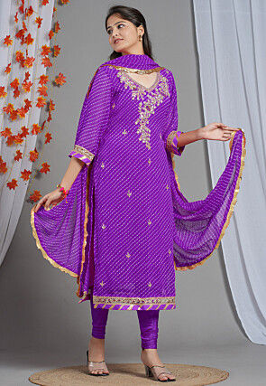 Leheriya Printed Georgette Straight Cut Suit in Purple