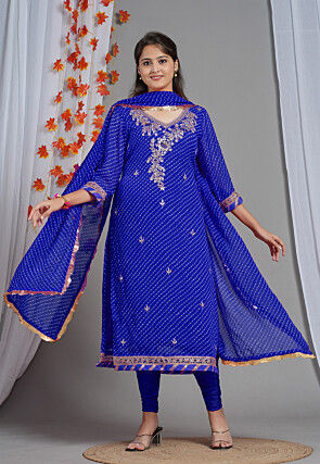 Leheriya Printed Georgette Straight Cut Suit in Royal Blue