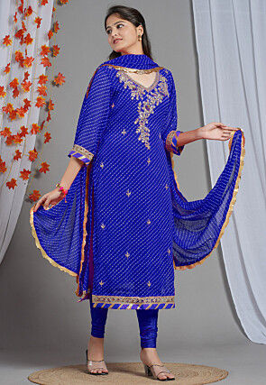 Leheriya Printed Georgette Straight Cut Suit in Royal Blue