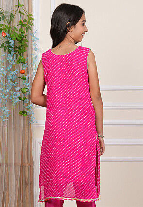 Leheriya Printed Georgette Straight Kurta in Pink