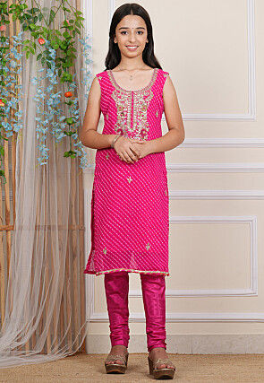 Leheriya Printed Georgette Straight Kurta in Pink