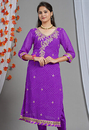 Leheriya Printed Georgette Straight Kurta in Purple