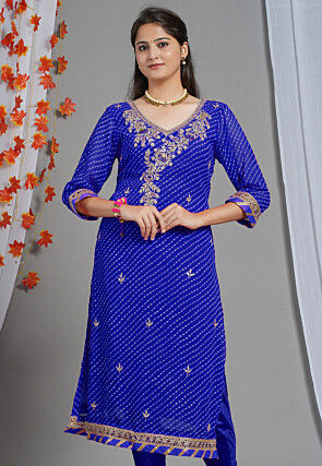 Leheriya Printed Georgette Straight Kurta in Royal Blue