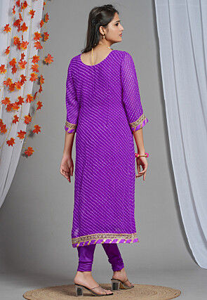 Leheriya Printed Georgette Straight Kurta Set in Purple
