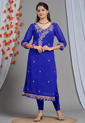 Leheriya Printed Georgette Straight Kurta Set in Royal Blue