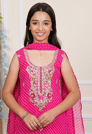 Leheriya Printed Georgette Straight Suit in Pink