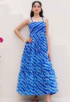 Leheriya Printed Georgette Tiered Maxi Dress in Blue