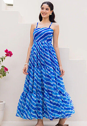 Leheriya Printed Georgette Tiered Maxi Dress in Blue