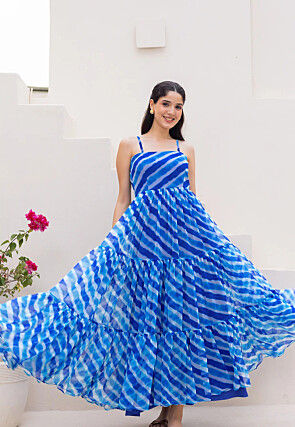 Leheriya Printed Georgette Tiered Maxi Dress in Blue