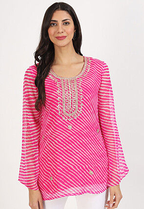 Leheriya Printed Georgette Top in Fuchsia