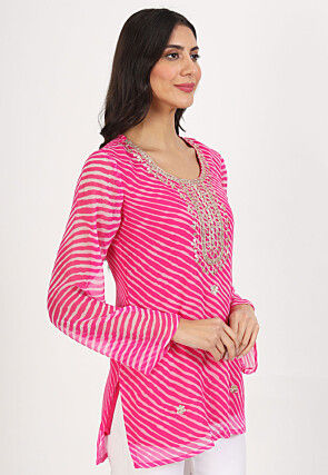Leheriya Printed Georgette Top in Fuchsia