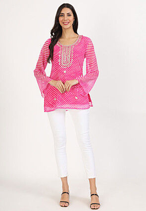 Leheriya Printed Georgette Top in Fuchsia