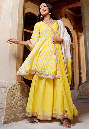 Leheriya Printed Kota Doria Pakistani Suit in Yellow