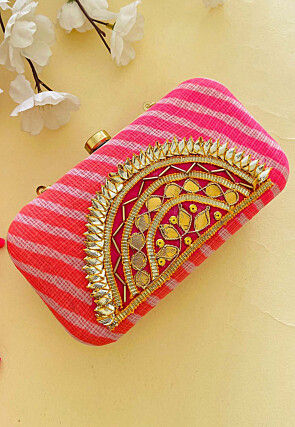 Leheriya Printed Kota Doriya Clutch Bag in Pink