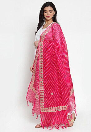Leheriya Printed Kota Doriya Dupatta in Fuchsia