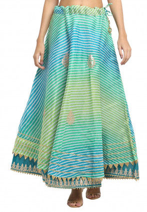 Leheriya Printed Kota Doria Flared Skirt in Blue and Green