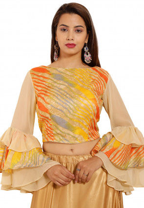 Leheriya Printed Kota Silk Blouse in Multicolor and Beige