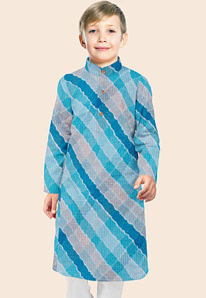 Leheriya Printed Kota Silk Kurta in Shaded Blue