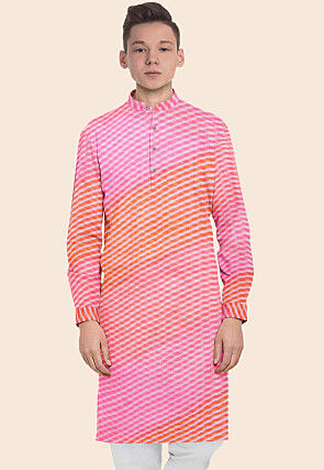 Leheriya Printed Kota Silk Kurta in Shaded Orange and Pink
