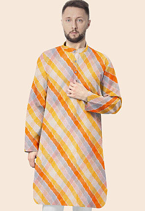 Leheriya Printed Kota Silk Kurta in Shaded Orange