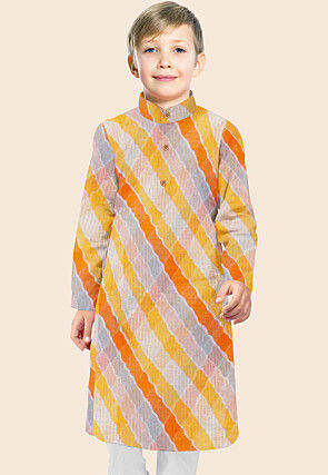 Leheriya Printed Kota Silk Kurta in Shaded Orange