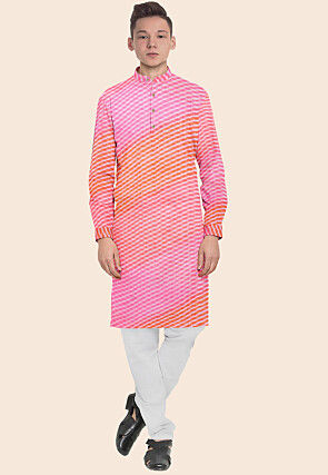 Leheriya Printed Kota Silk Kurta Set in Shaded Orange and Pink