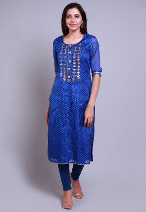 Leheriya Printed Kota Silk Straight Kurta Set in Royal Blue