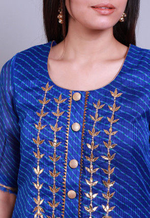 Leheriya Printed Kota Silk Straight Kurta Set in Royal Blue