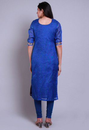 Leheriya Printed Kota Silk Straight Kurta Set in Royal Blue