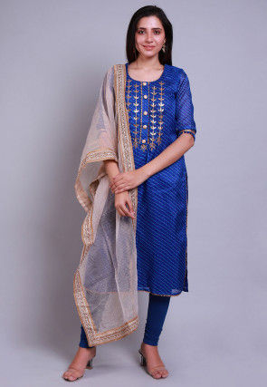 Embellished Caroon Satin Abaya Style Suit in Navy Blue : KJN3928