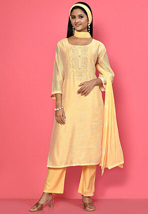 Leheriya Printed Muslin Cotton Pakistani Suit in Yellow