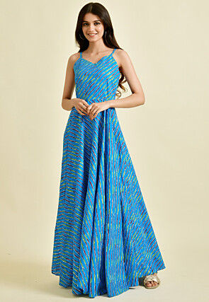 Leheriya Printed Pure Cotton Flared Dress in Blue