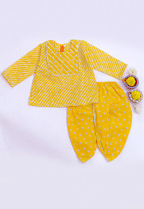 Leheriya Printed Pure Cotton Kurta Set in Yellow