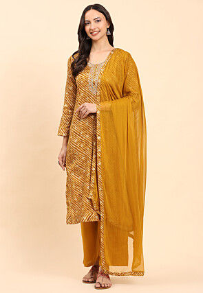 Leheriya Printed Pure Cotton Pakistani Suit in Mustard