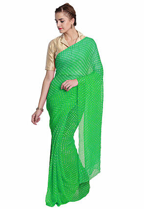 Leheriya Printed Pure Georgette Saree in Green