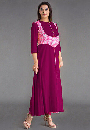 Leheriya Printed Rayon A Line Kurta inMagenta
